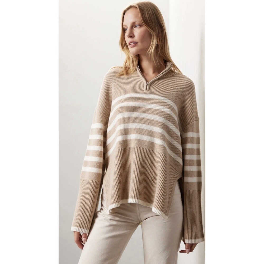 Rails Beige and White Striped V-Neck Half-Zip Sweater